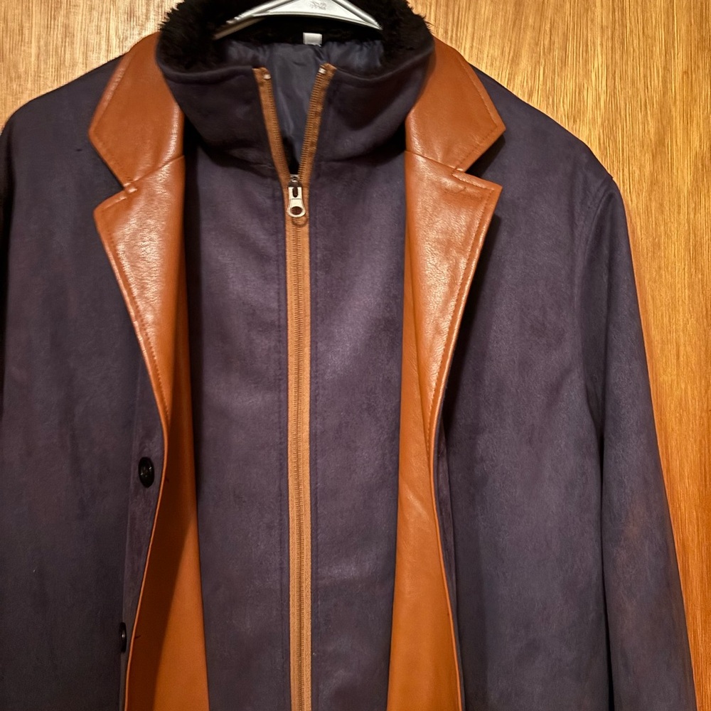 Men's Navy Suede-Effect Coat with Brown Leather Trim - Picture 3 of 6